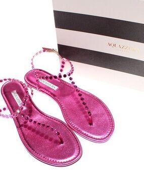 Aquazzura Tequila Metallic Hot Pink Swarovski T-Strap Flat Sandals